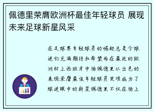 佩德里荣膺欧洲杯最佳年轻球员 展现未来足球新星风采
