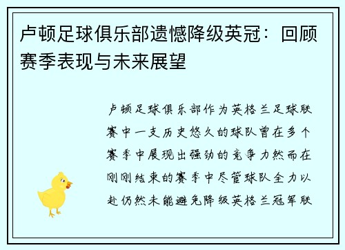 卢顿足球俱乐部遗憾降级英冠：回顾赛季表现与未来展望