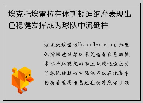 埃克托埃雷拉在休斯顿迪纳摩表现出色稳健发挥成为球队中流砥柱