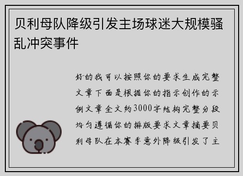 贝利母队降级引发主场球迷大规模骚乱冲突事件