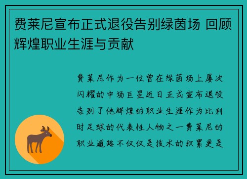 费莱尼宣布正式退役告别绿茵场 回顾辉煌职业生涯与贡献