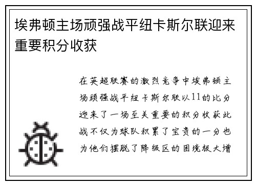 埃弗顿主场顽强战平纽卡斯尔联迎来重要积分收获 埃弗顿主场顽强战平纽卡斯尔联迎来重要积分收获